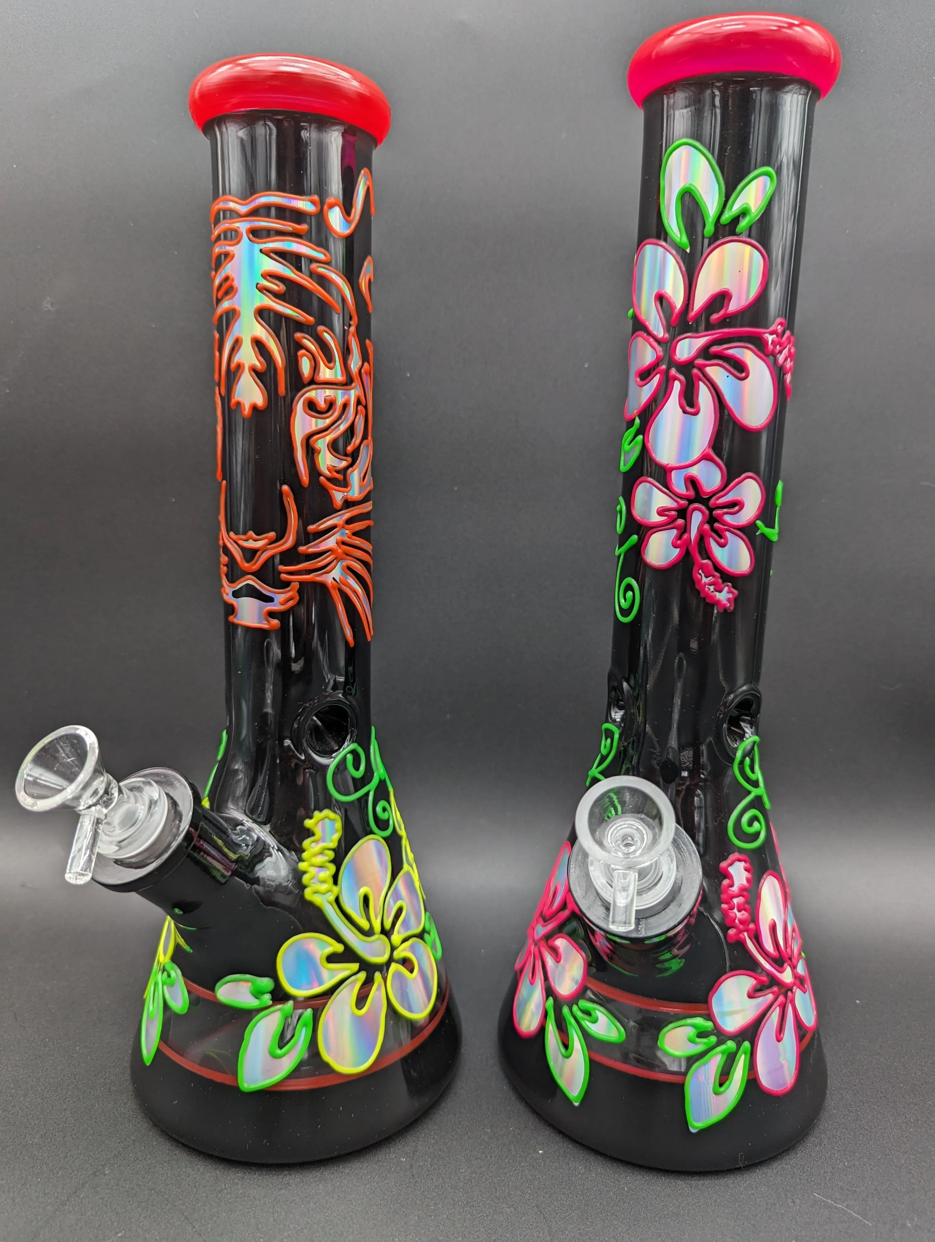 14 Black Glass Metallic Floral Beaker Bong