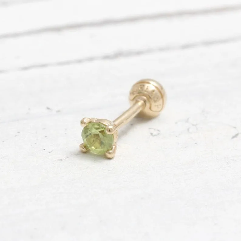 14K 18K Solid Gold 0.1ct Genuine Peridot 4 Prongs Cartilage Tragus Helix Piercing