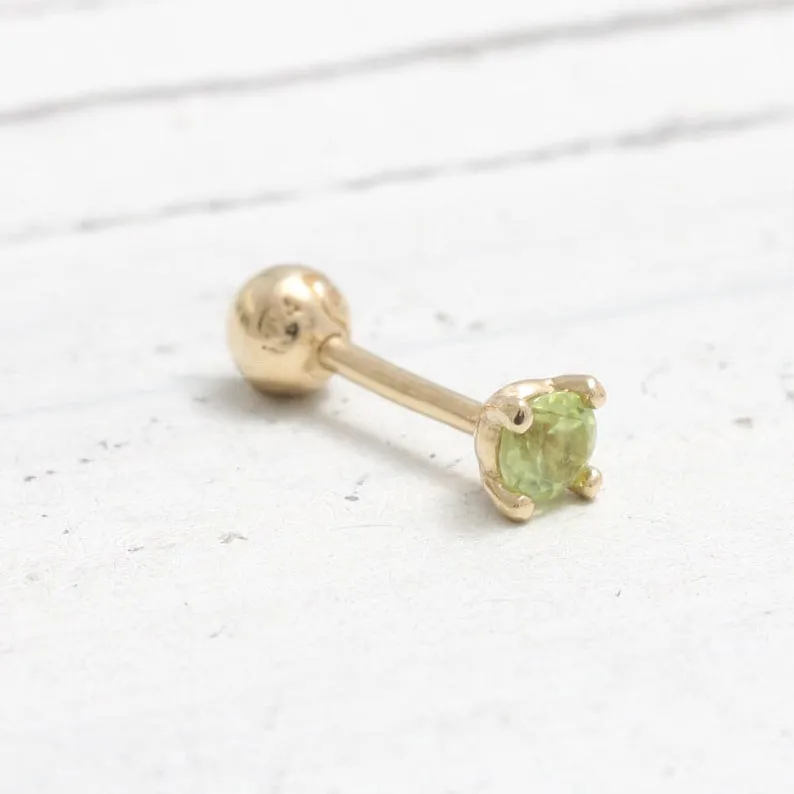 14K 18K Solid Gold 0.1ct Genuine Peridot 4 Prongs Cartilage Tragus Helix Piercing