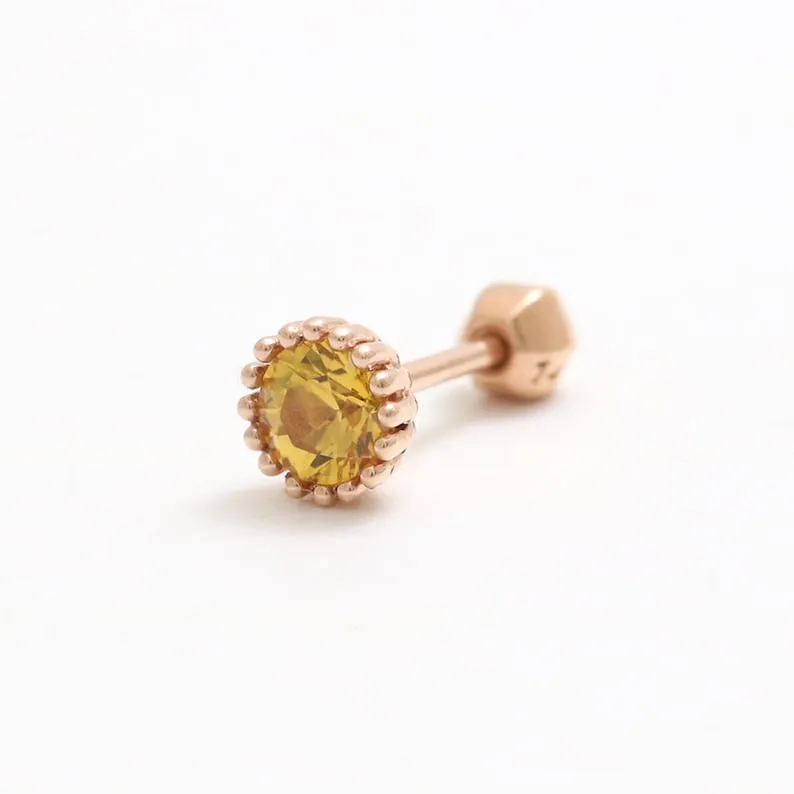 14K 18K Solid Gold 0.3ct 4mm Genuine Yellow Sapphire Multi Prongs Ear Stud Cartilage Tragus Helix Piercing