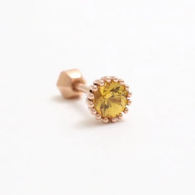 14K 18K Solid Gold 0.3ct 4mm Genuine Yellow Sapphire Multi Prongs Ear Stud Cartilage Tragus Helix Piercing