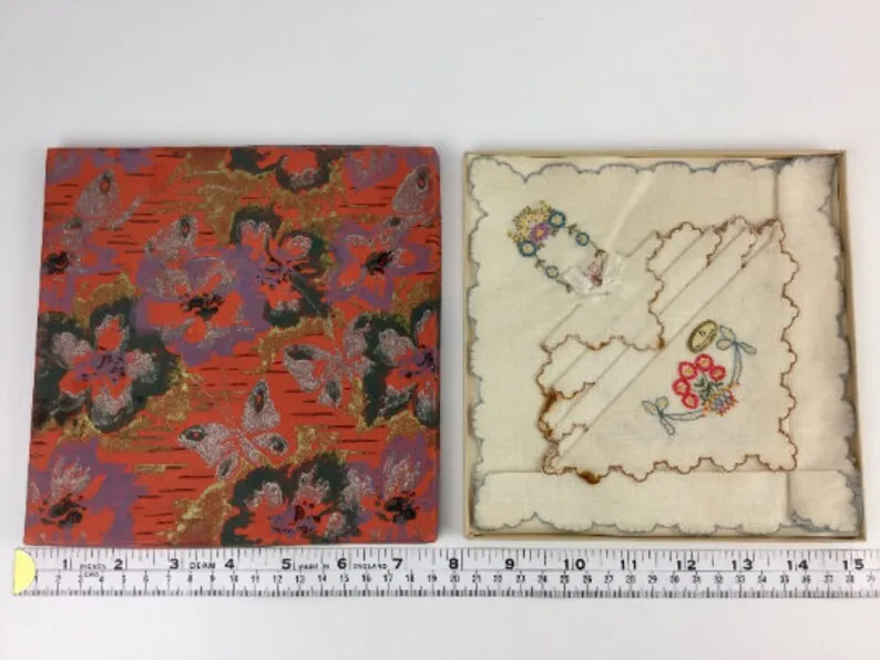 1920s Art Deco Handkerchiefs with Box, Butterfly Print