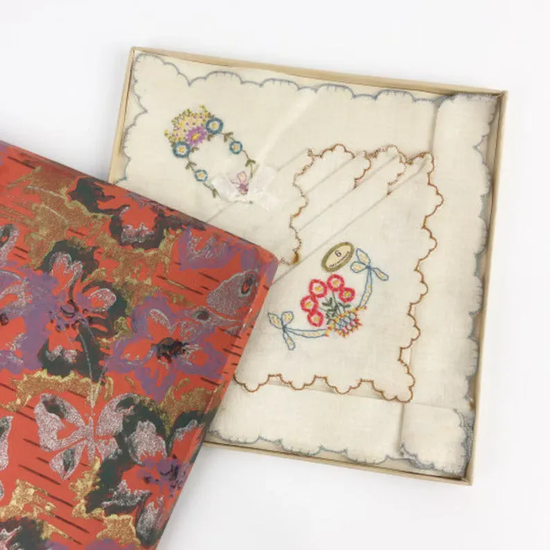 1920s Art Deco Handkerchiefs with Box, Butterfly Print