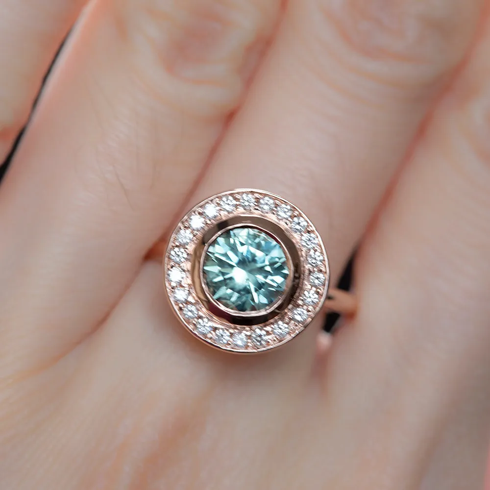 1.95ct Teal Montana Sapphire With Bezel Set Diamond Halo In 14k Rose Gold