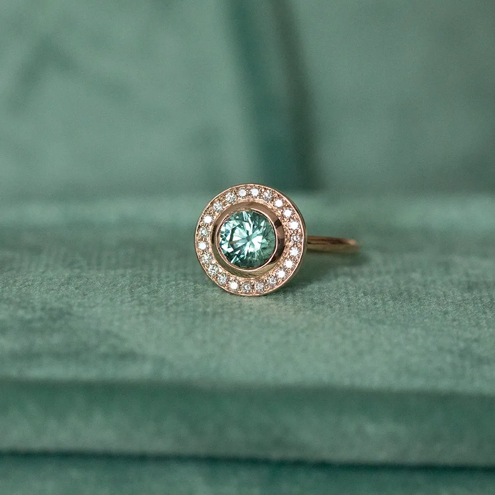 1.95ct Teal Montana Sapphire With Bezel Set Diamond Halo In 14k Rose Gold