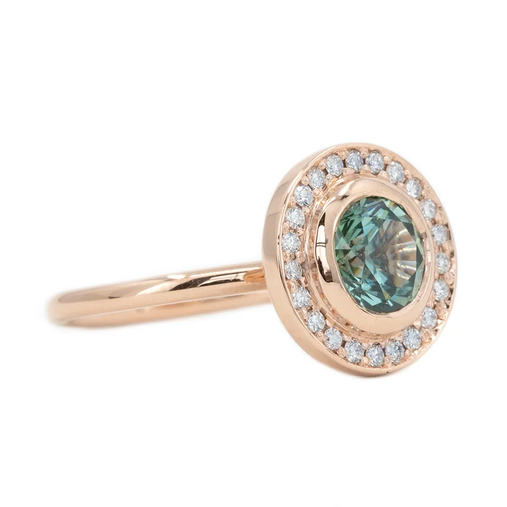 1.95ct Teal Montana Sapphire With Bezel Set Diamond Halo In 14k Rose Gold