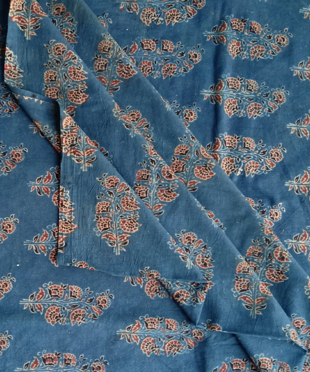 2.5m Blue red ajrakh print handspun handwoven cotton kurta fabric