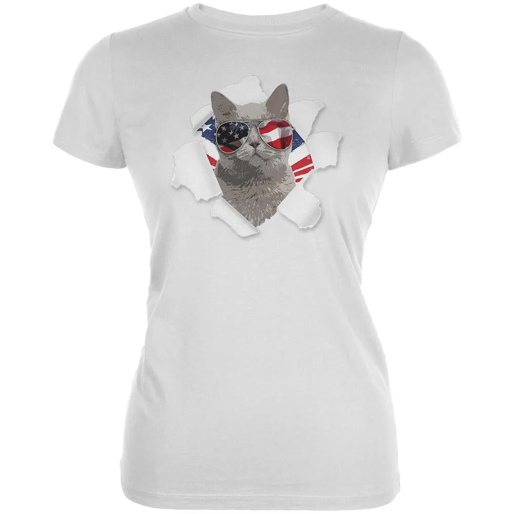 4th of July Meowica Americat Patriot Juniors Soft T Shirt