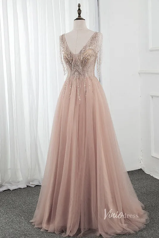 A-line Beaded Champagne Blush Tulle Prom Dresses 2022 FD2797