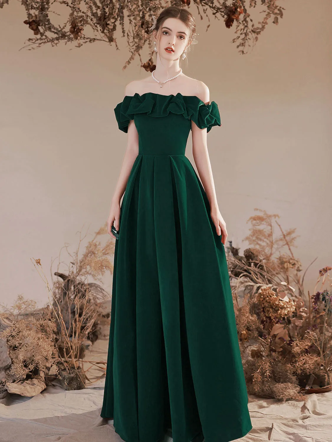 A-Line Off Shoulder Velvet Green Long Prom Dress, Green Formal Evening Dress