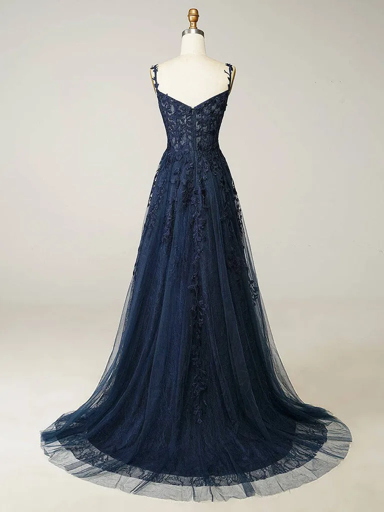 A-Line Sweetheart Neck Tulle Lace Dark Blue Long Prom Dress, Dark Blue Long Formal Dress