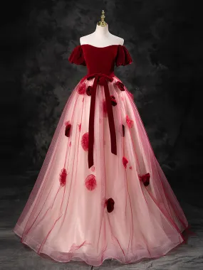 A-Line Tulle Burgundy Long Prom Dress, Burgundy Long Formal Dress