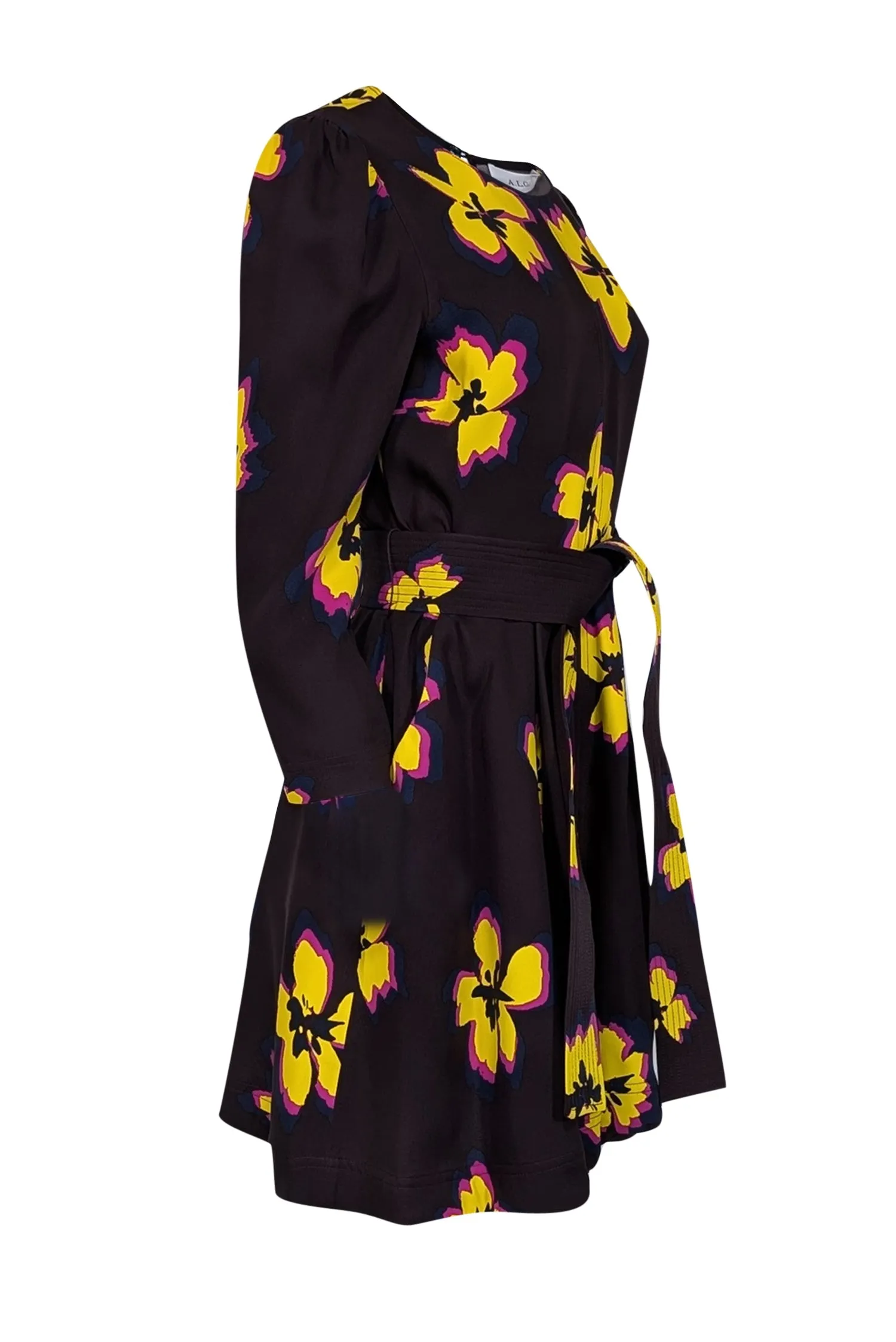 A.L.C. - Dark Burgundy w/ Yellow & Magenta Floral Print Silk Belted Dress Sz 8