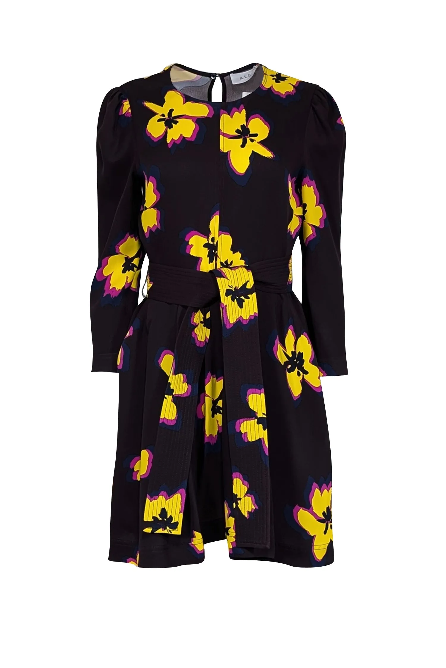 A.L.C. - Dark Burgundy w/ Yellow & Magenta Floral Print Silk Belted Dress Sz 8