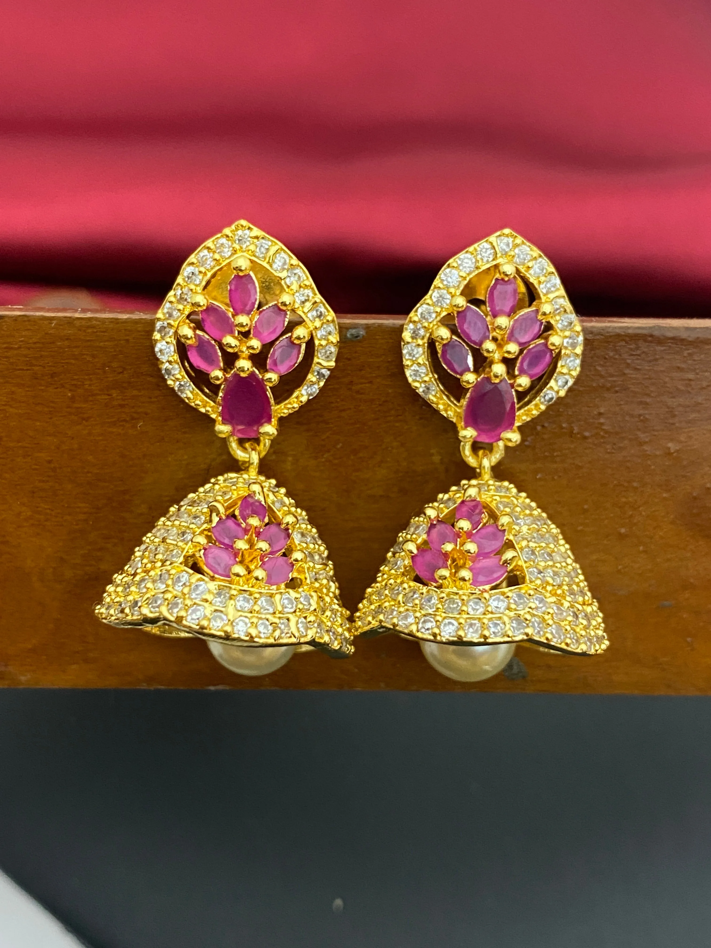 Alluring Gold Plated Ruby Colored Earrings For Women