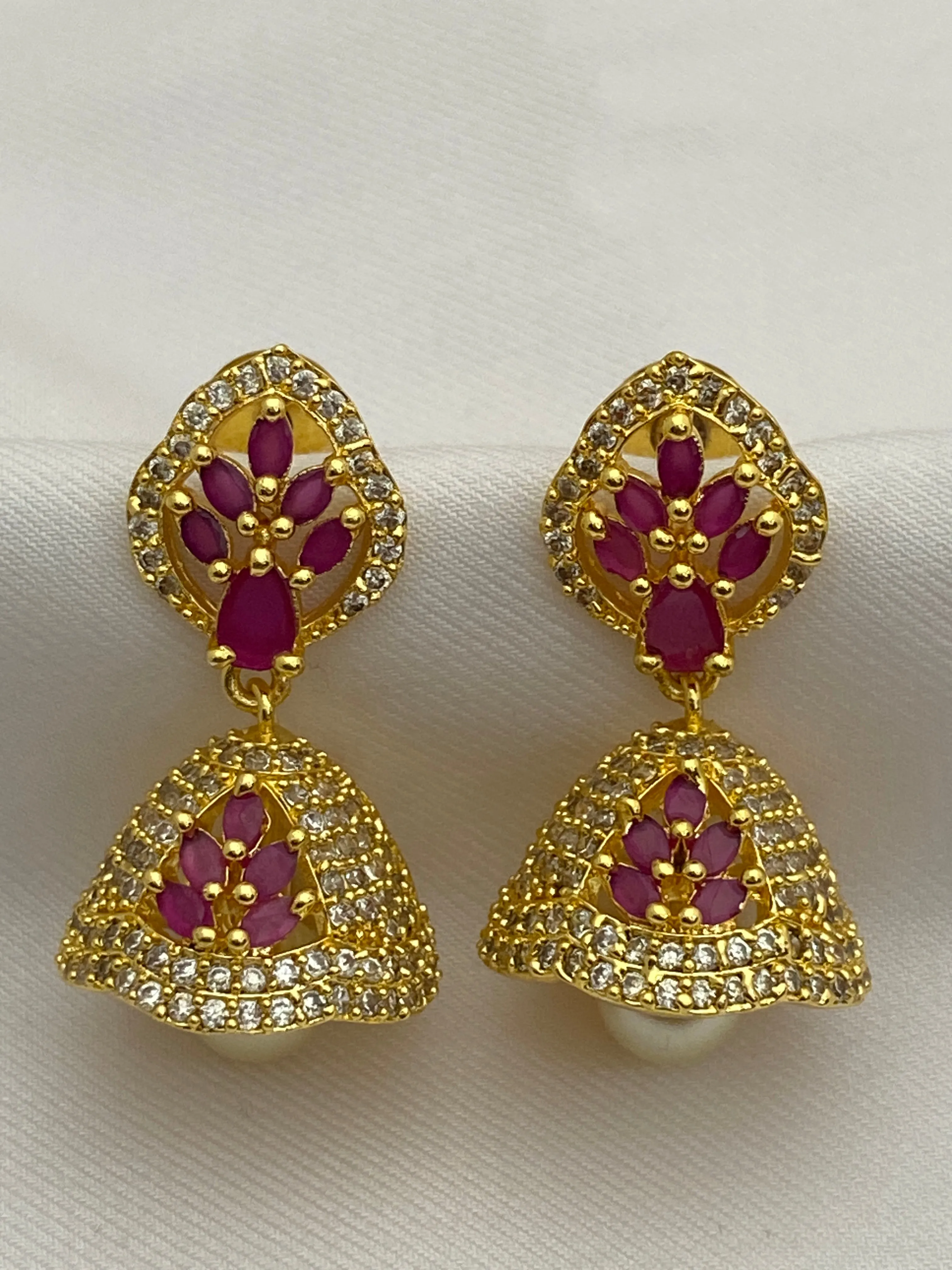 Alluring Gold Plated Ruby Colored Earrings For Women