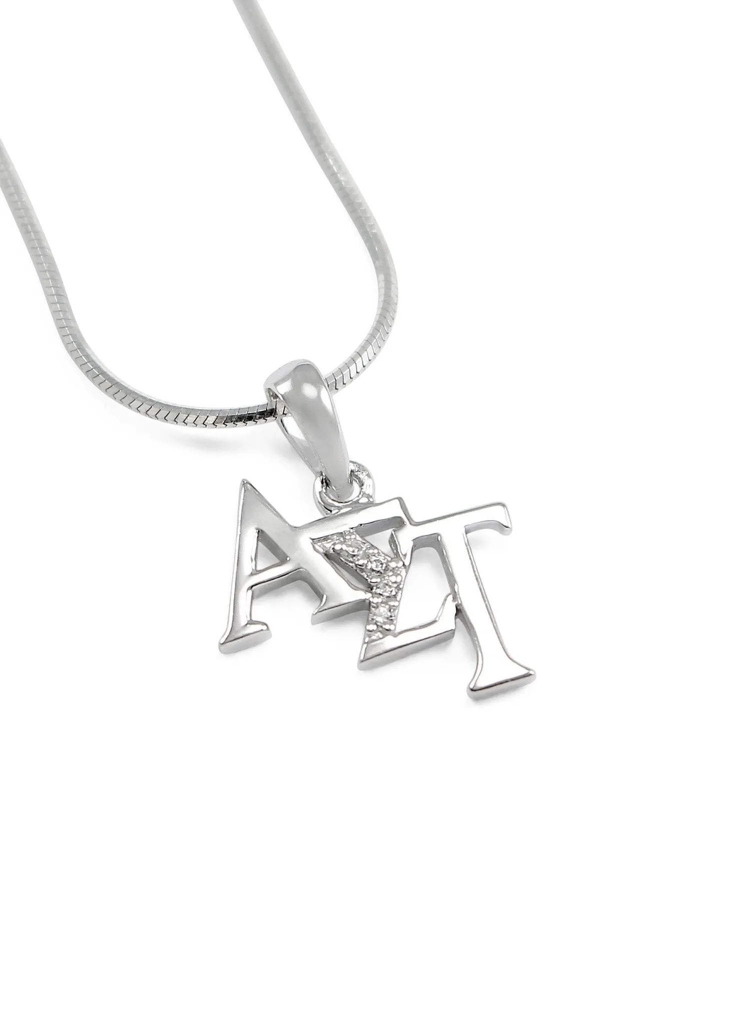 Alpha Sigma Tau Sterling Silver Diagonal Lavaliere with Simulated Diamonds