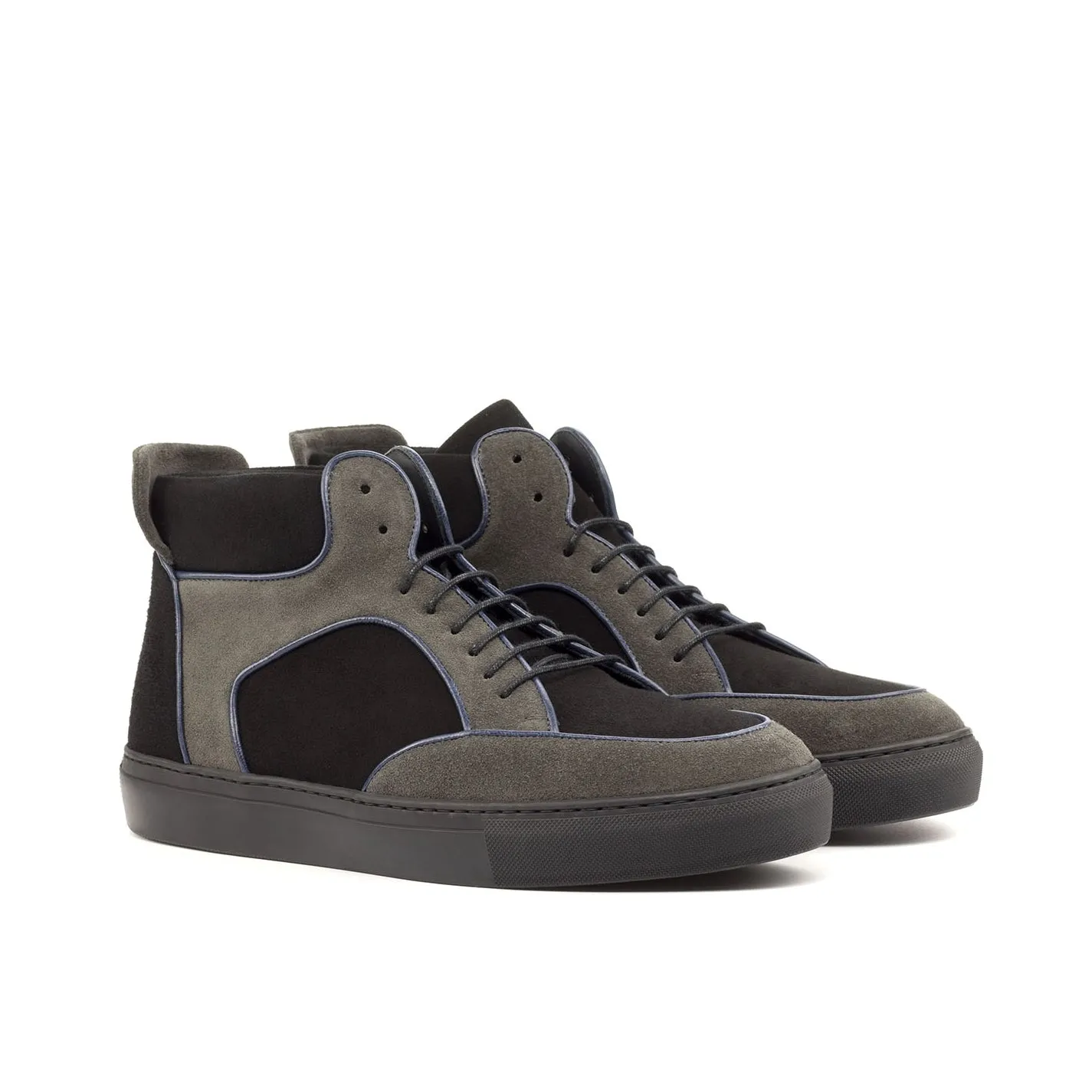 Ambrogio Bespoke Custom Men's Shoes Black & Suede Suede Leather High-Top Sneakers (AMB1959)