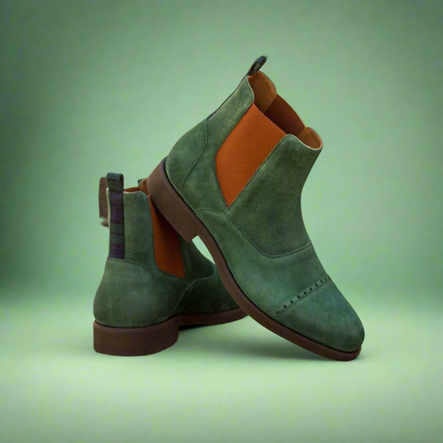 Ambrogio Bespoke Custom Men's Shoes Green Fabric / Suede Leather Chelsea Boots (AMB2010)