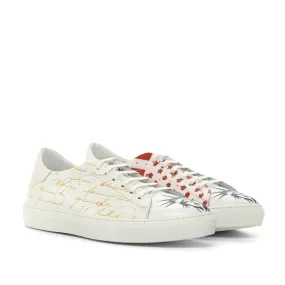 Ambrogio Bespoke Custom Men's Shoes White Calf-Skin Leather Stencil Trainer Sneakers (AMB2222)