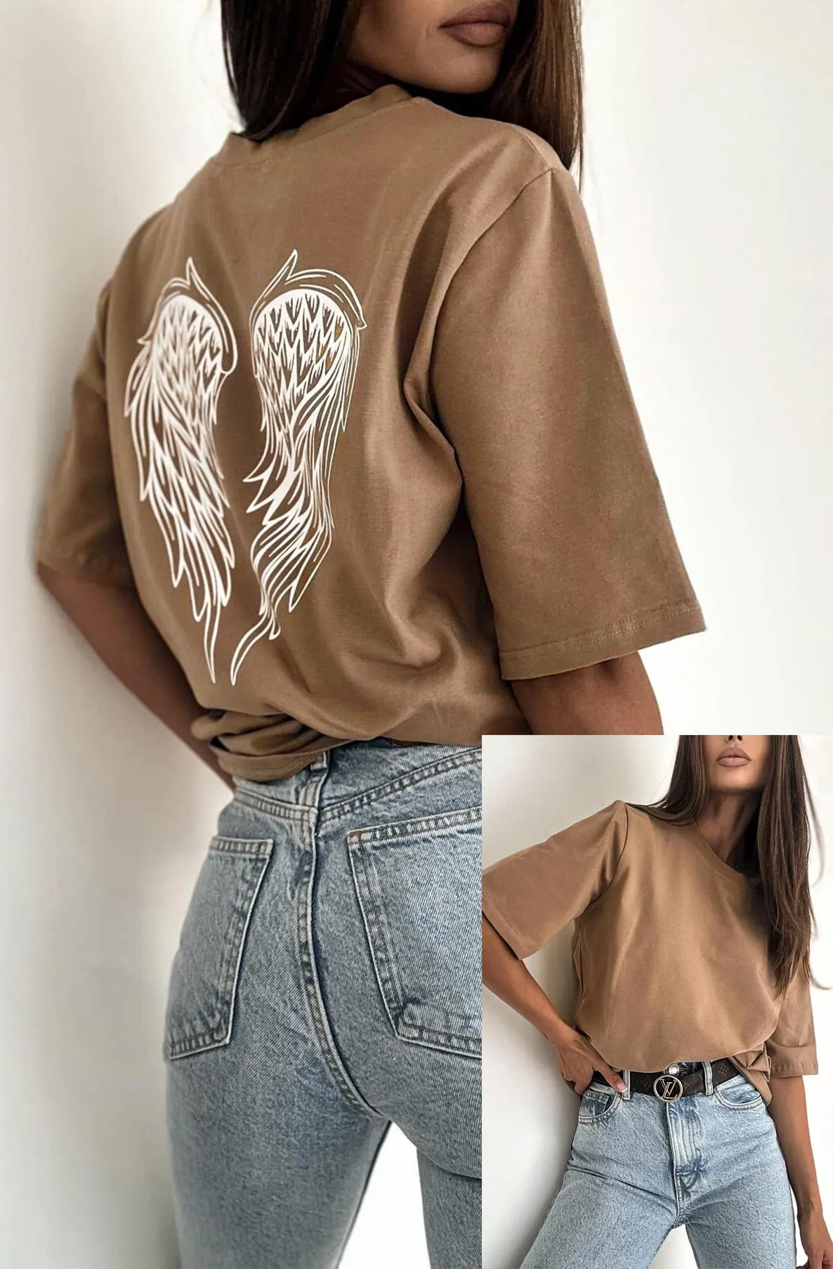 'Angel' Wings Graphic Printed T. Shirt Top-Camel