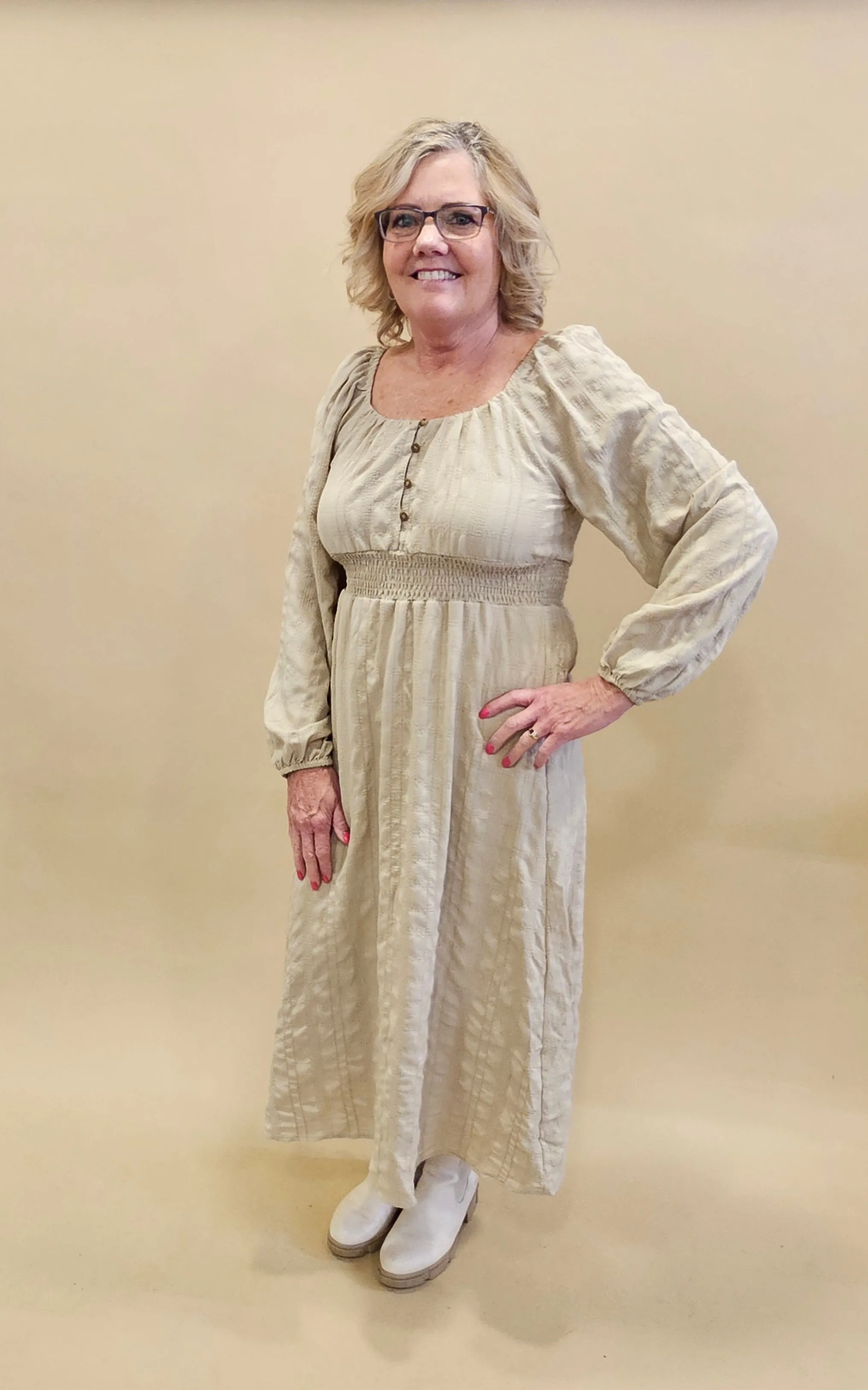 AUDRA KHAKI BUTTON FRONT LONG SLEEVE MAXI DRESS