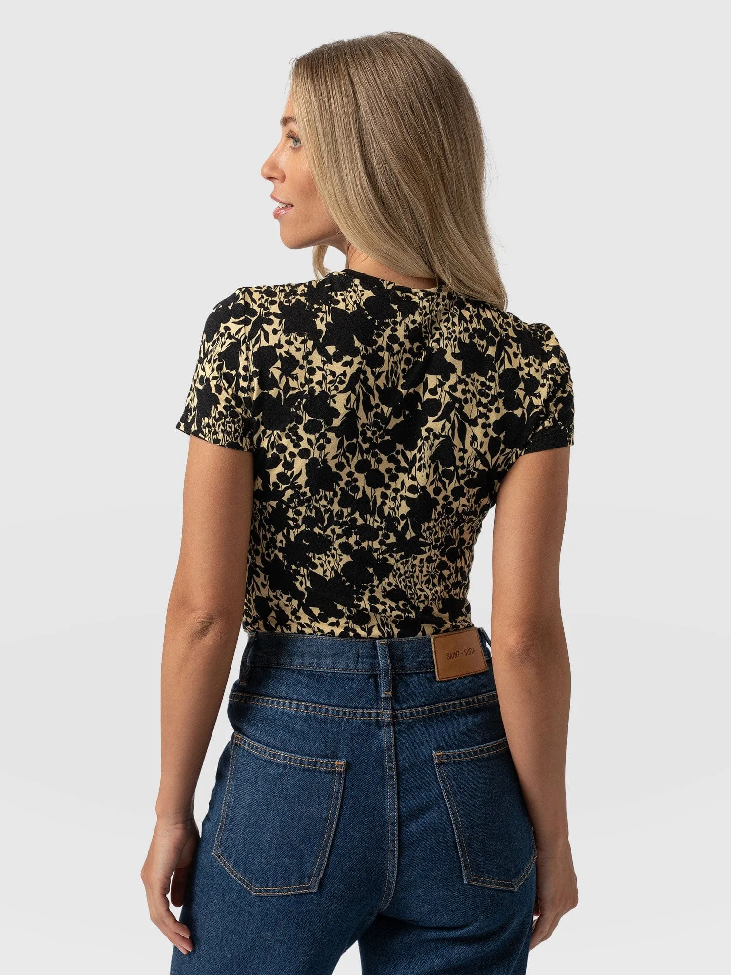 Austen Crew Neck Tee Short Sleeve - Yellow Black Floral