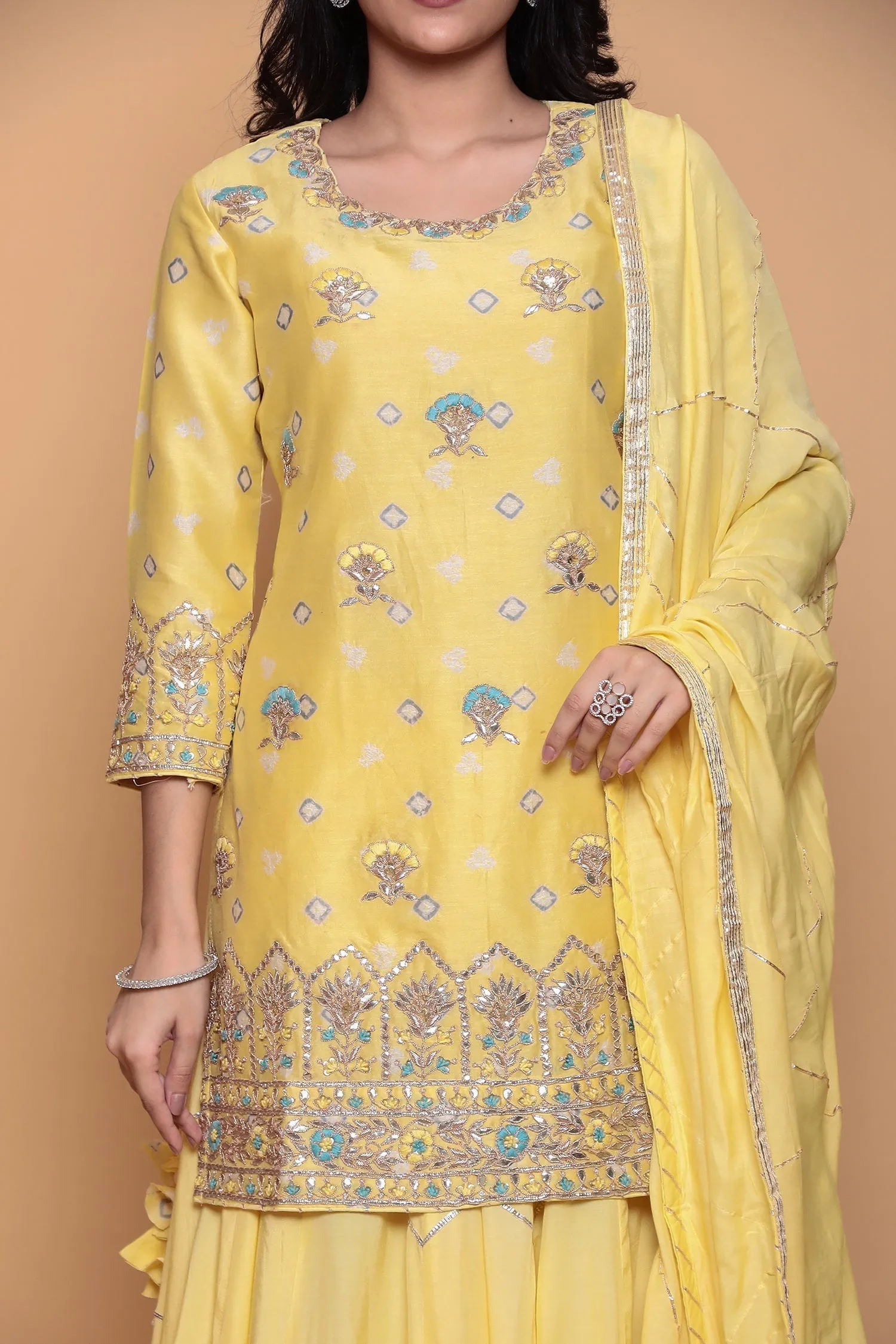 Bandhej Gota Patti Cotton Silk Suit with Gota Border.