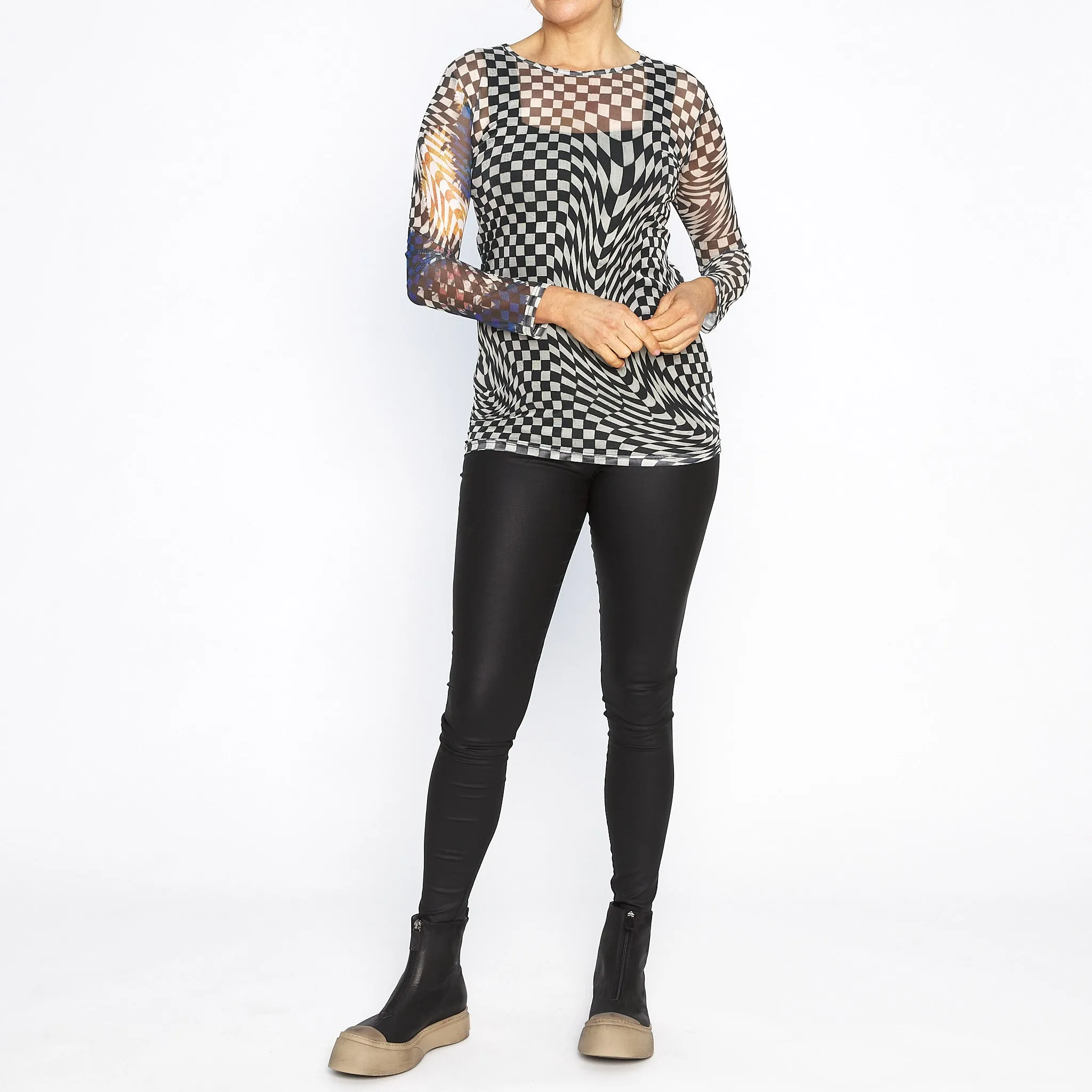 Black Check with Floral Sleeve Mesh Top