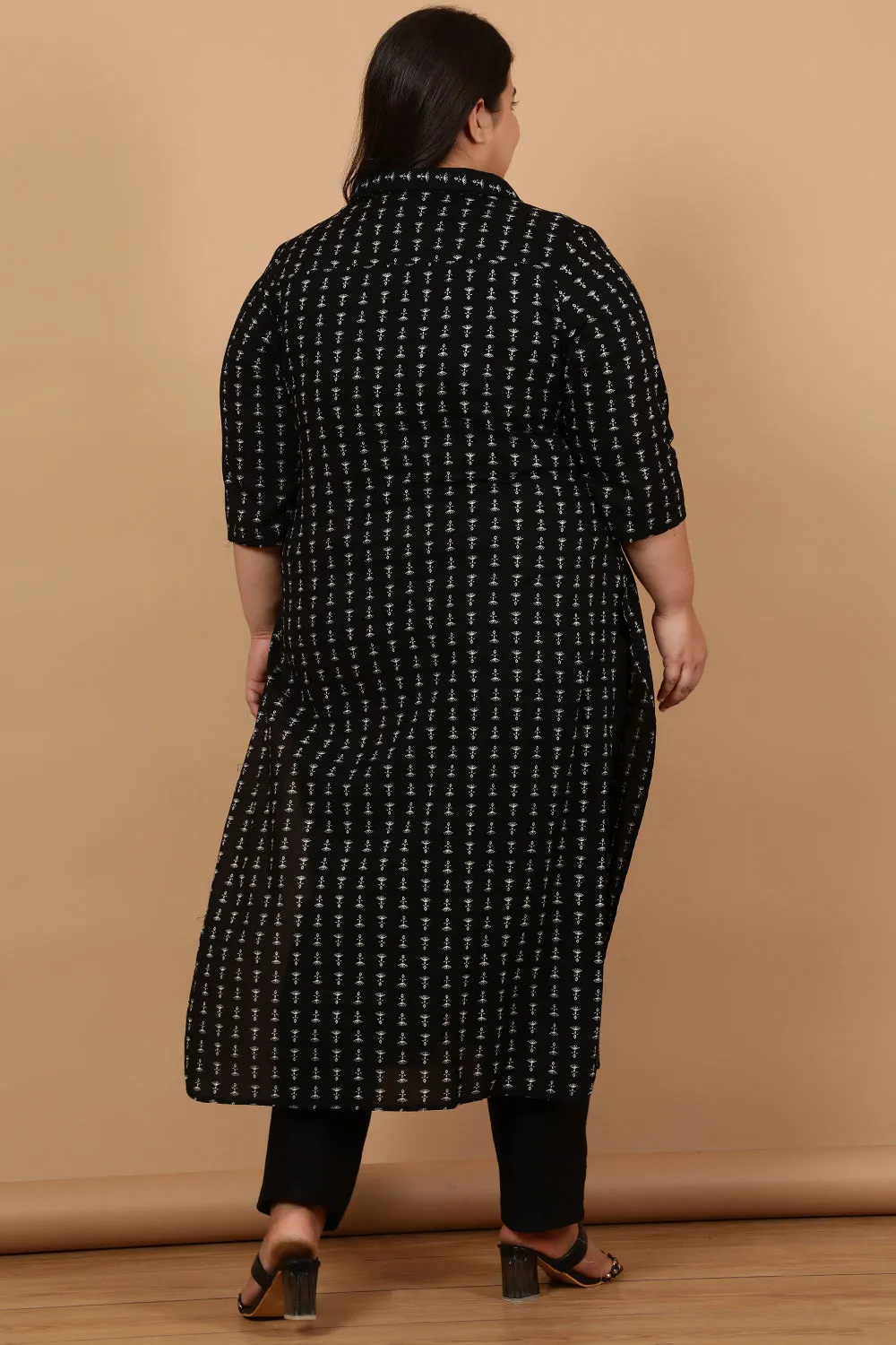 Black Linear Printed Cotton Kurta Shrug