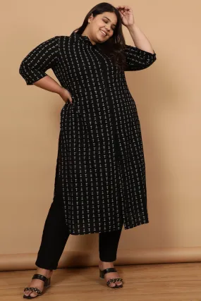 Black Linear Printed Cotton Kurta Shrug