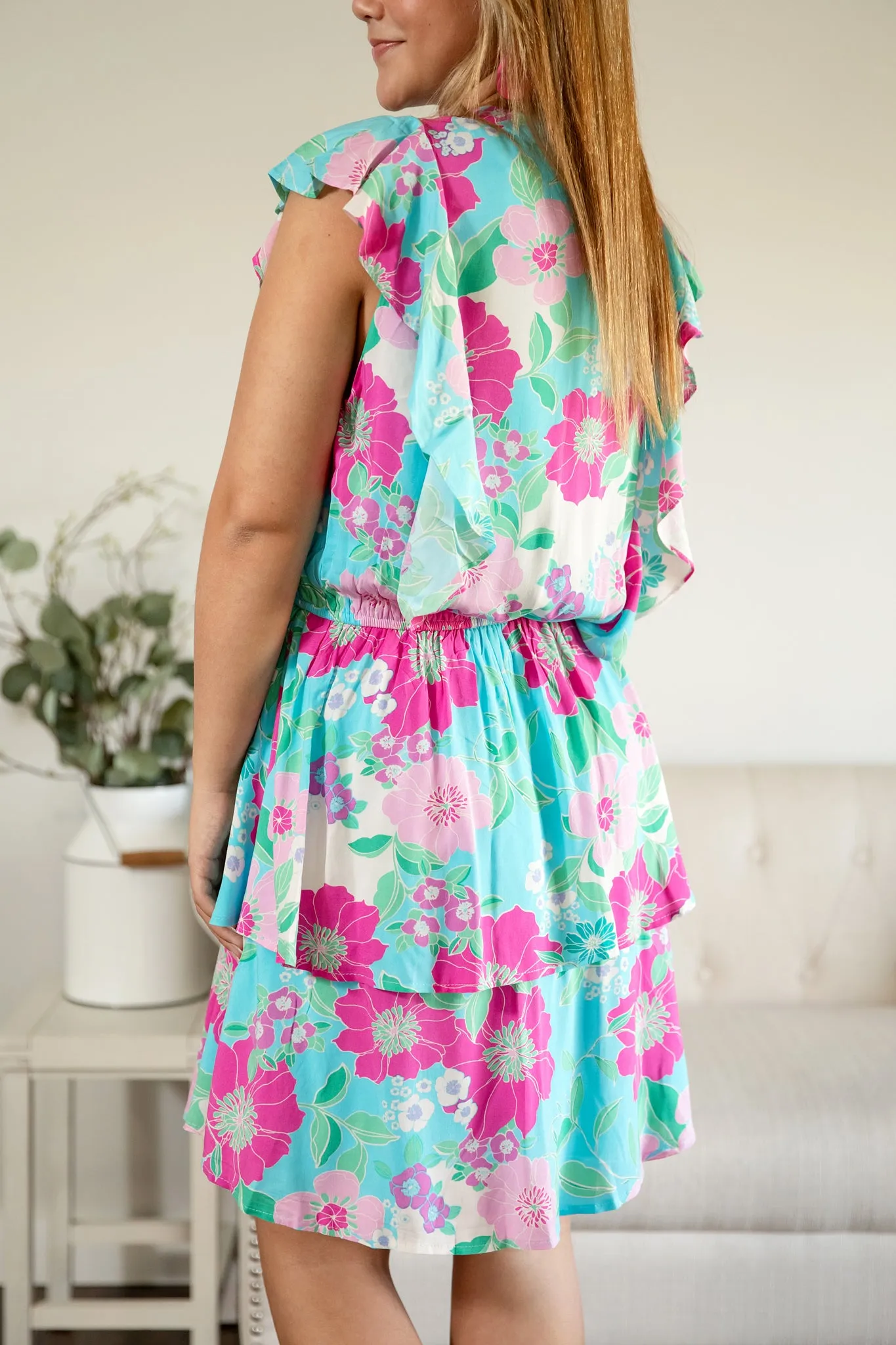 BLUE DRESS/PINK FLORAL ELASTIC WAIST W/ TIERED SKIRT