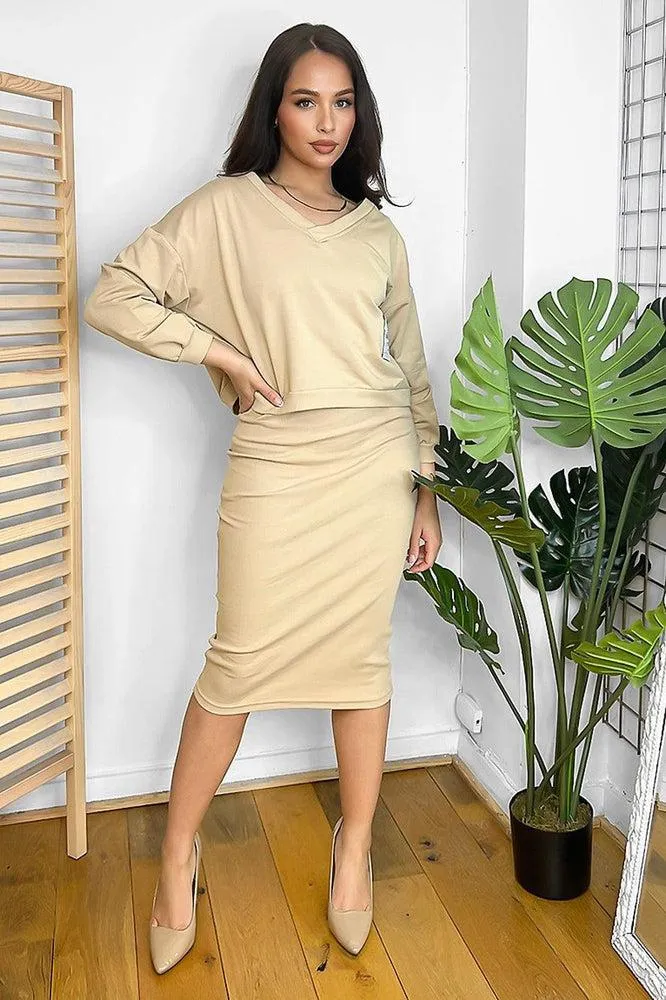 Cotton Blend Midi Dress And V-Neck Sweatshirt Set