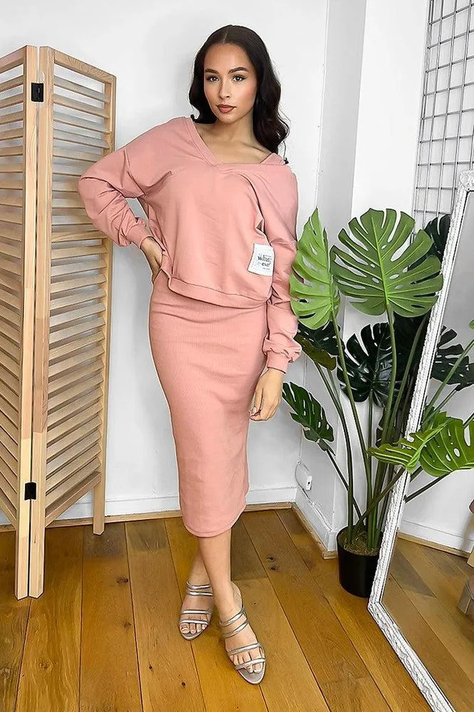 Cotton Blend Midi Dress And V-Neck Sweatshirt Set