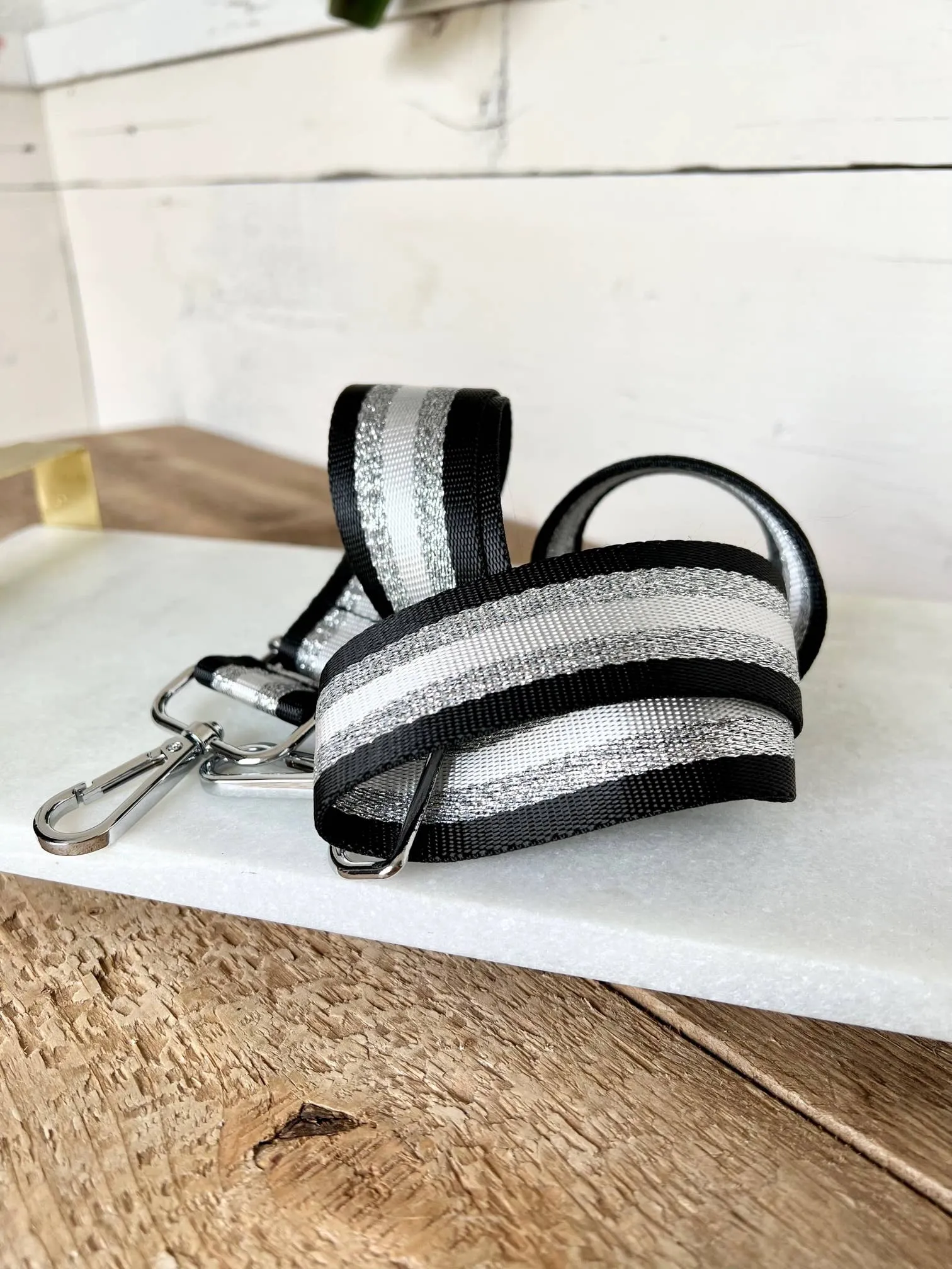 Crossbody Guitar Strap - Stripe Silver and Black