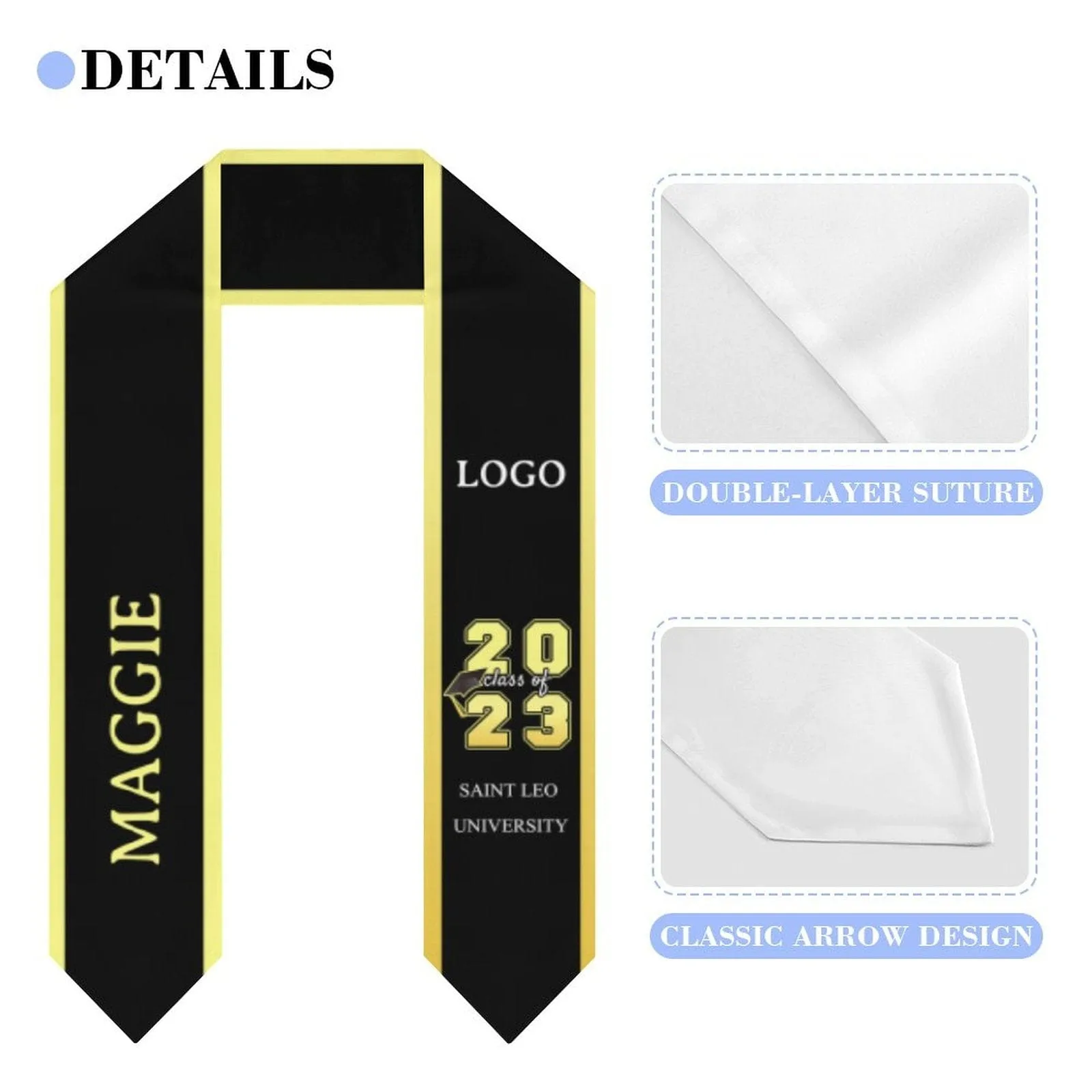 Custom Name&Logo Black Graduation Stoles Sash Class of 2024 Graduation Gift