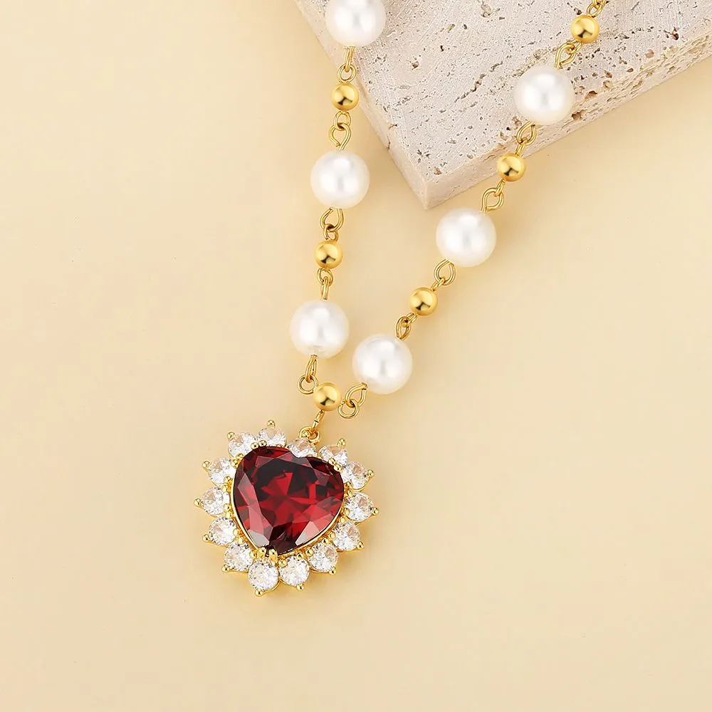 Diamond Red Ruby Heart Pendant Pearl Necklace for Women