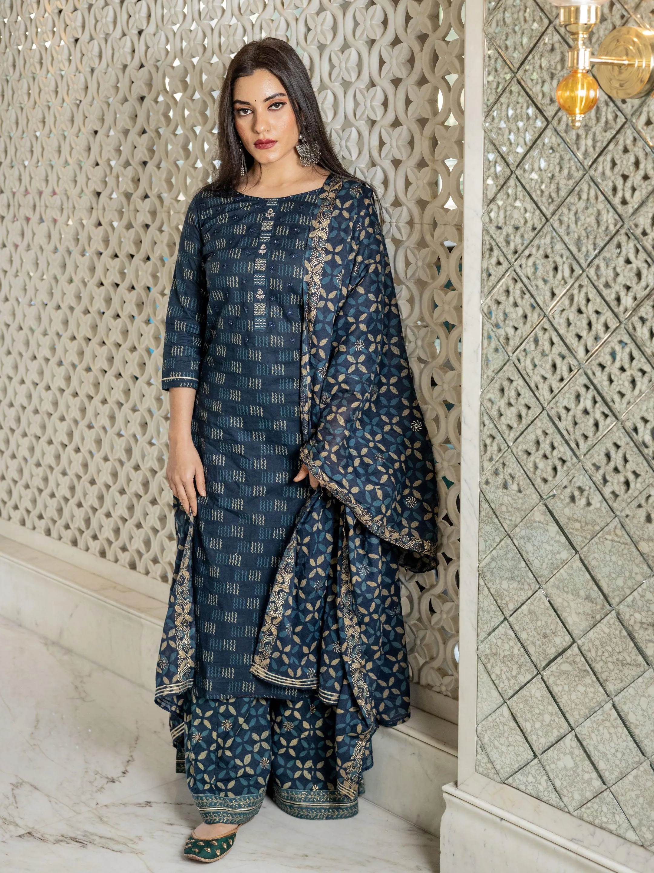 Divena Indigo Kurta Set With Palazzo and Dupatta