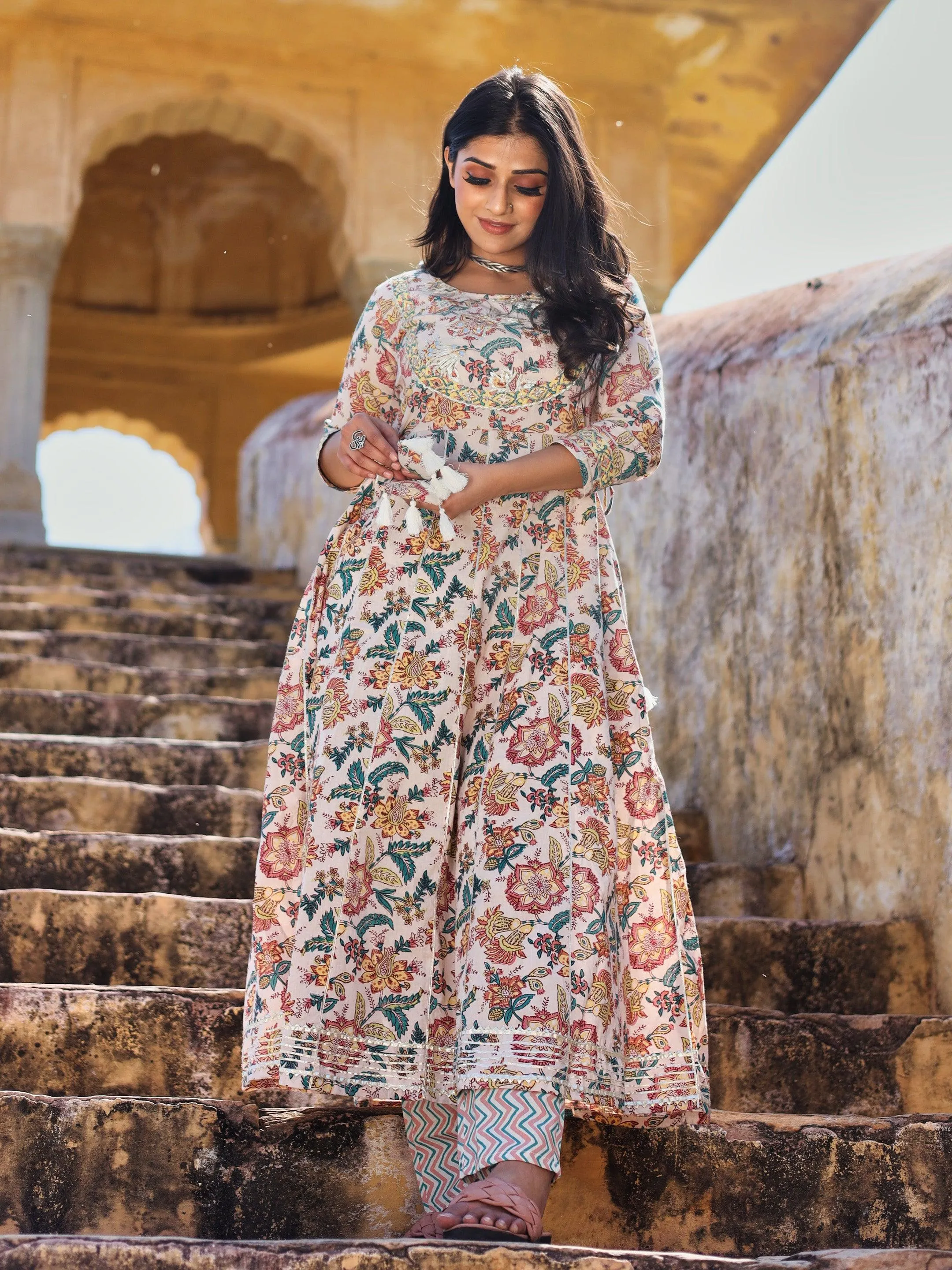 Divena Off white Cotton Anarkali Kurta Pant Set