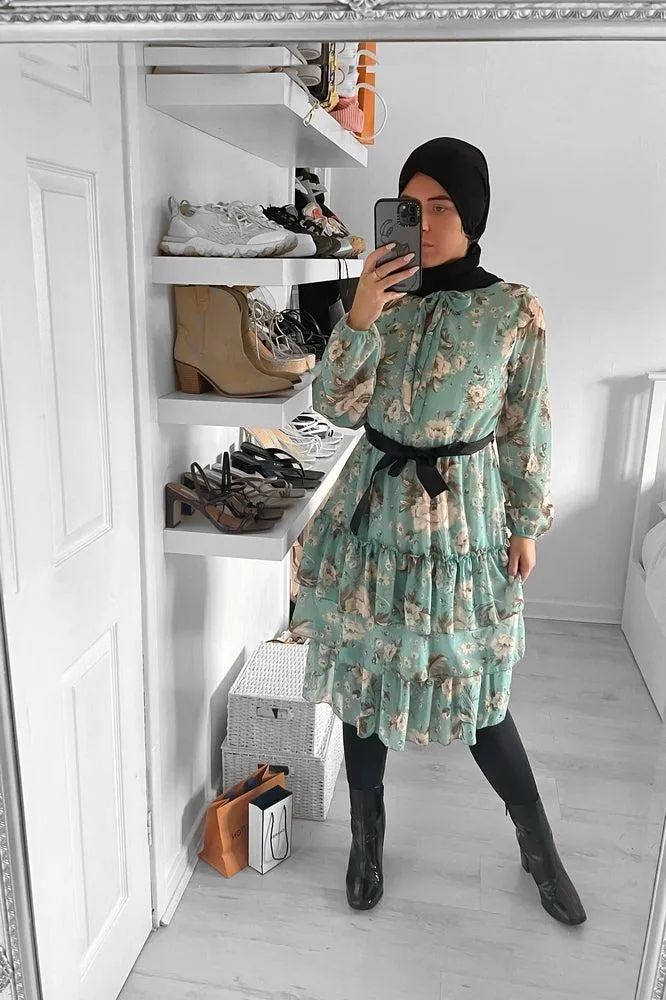 Floral Print Tiered Skirt Sash Belt Modest Dress