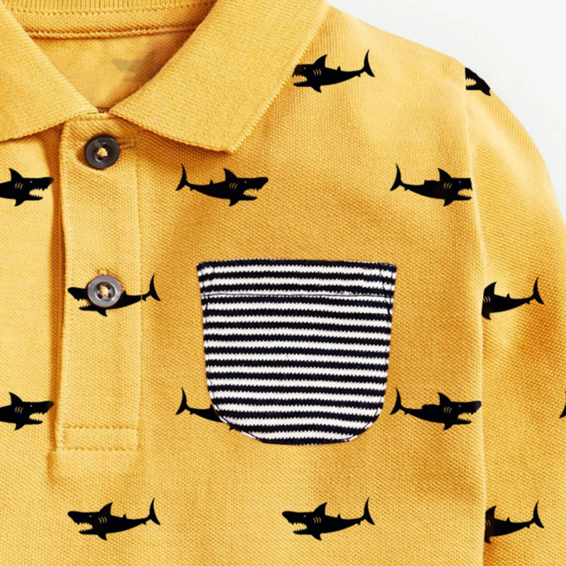 Full Sleeve Shark Print Boys Polo, Yellow