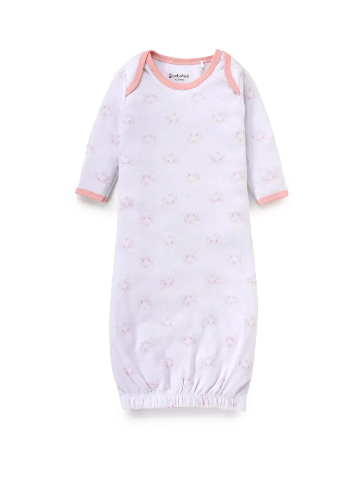 Full sleeve white & pink sleeping gown for baby girl