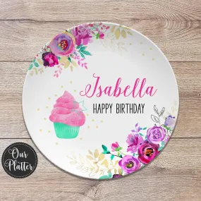 Happy Birthday Personalized Plate, Floral Cupcake