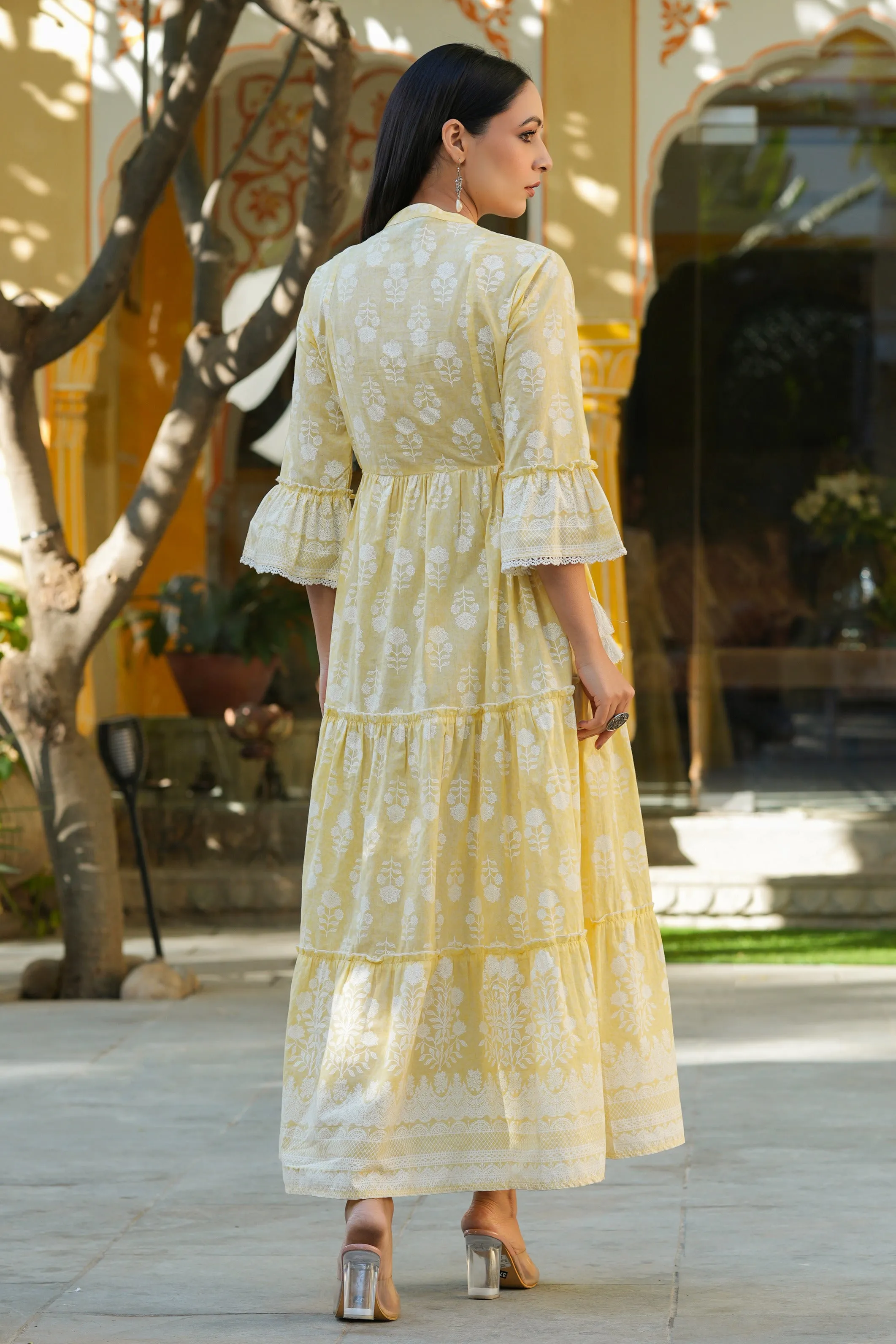 Juniper Lemon Yellow Ethnic Motif Printed Pure Cotton Tiered Maxi Dress with Sequins work