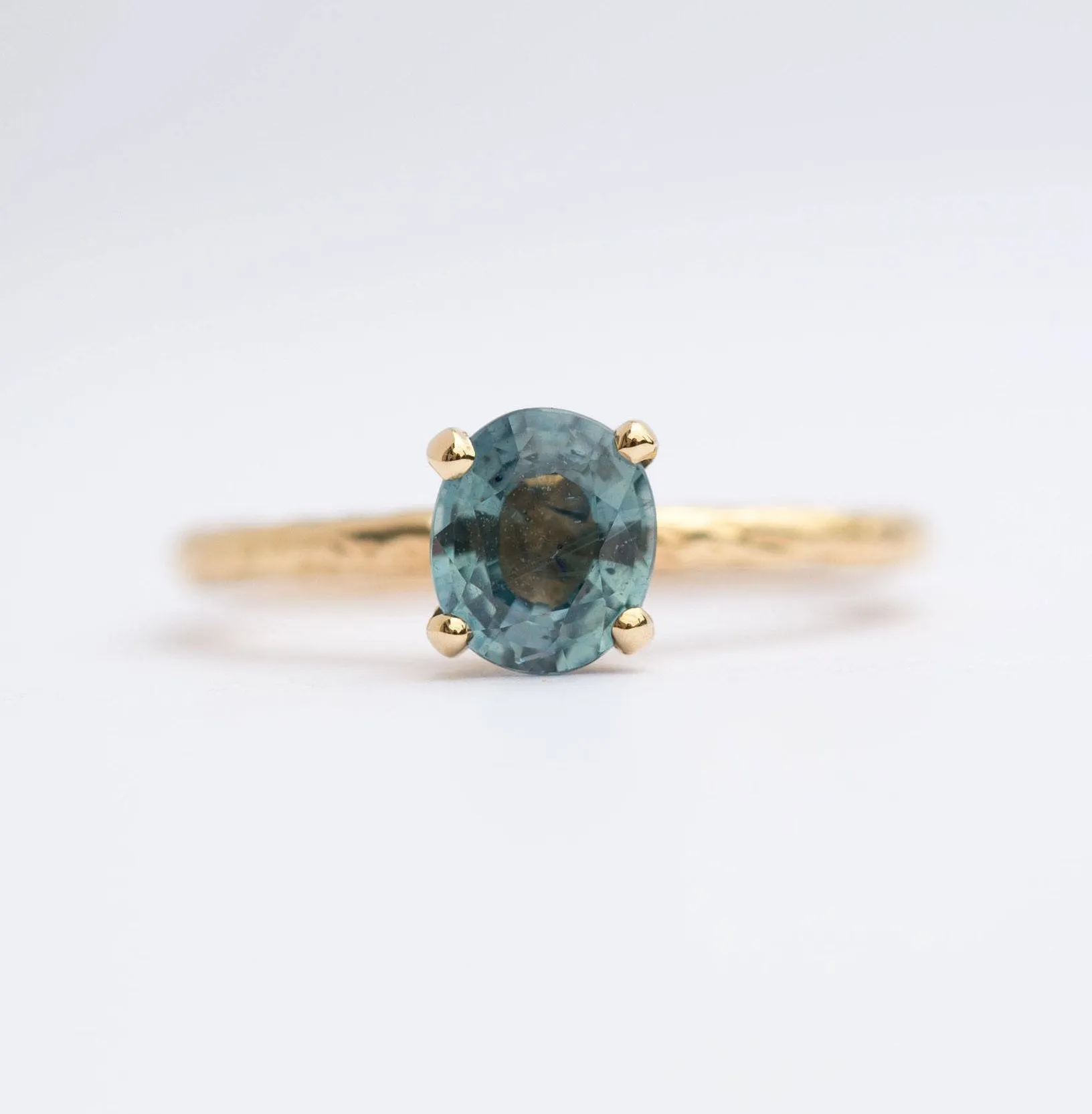 Light Blue Sapphire Engagement Ring - Organic Carved Yellow Gold Prong Setting - Teal Mermaid Sapphire -  Unique Engagement Ring by Anueva