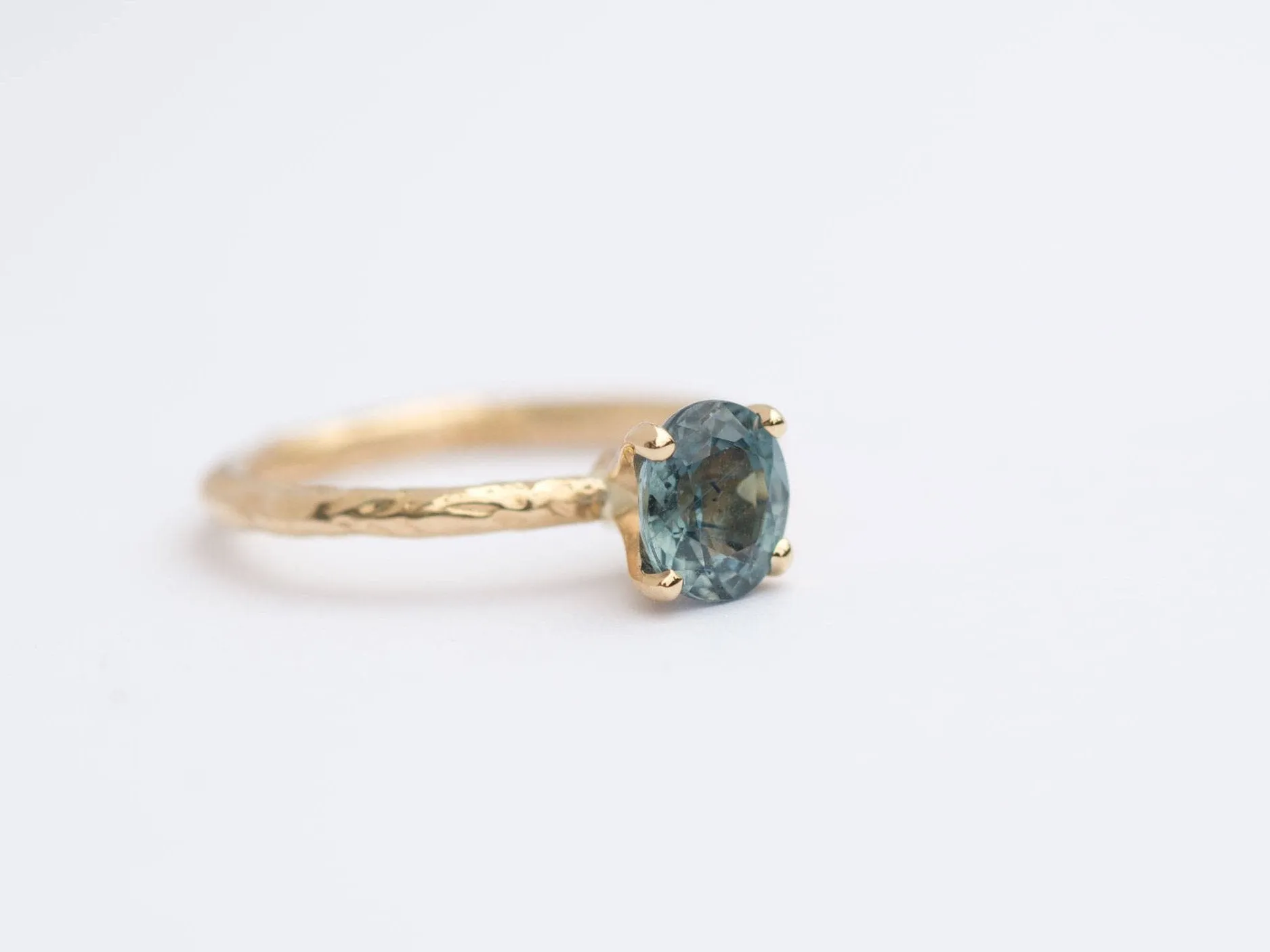 Light Blue Sapphire Engagement Ring - Organic Carved Yellow Gold Prong Setting - Teal Mermaid Sapphire -  Unique Engagement Ring by Anueva