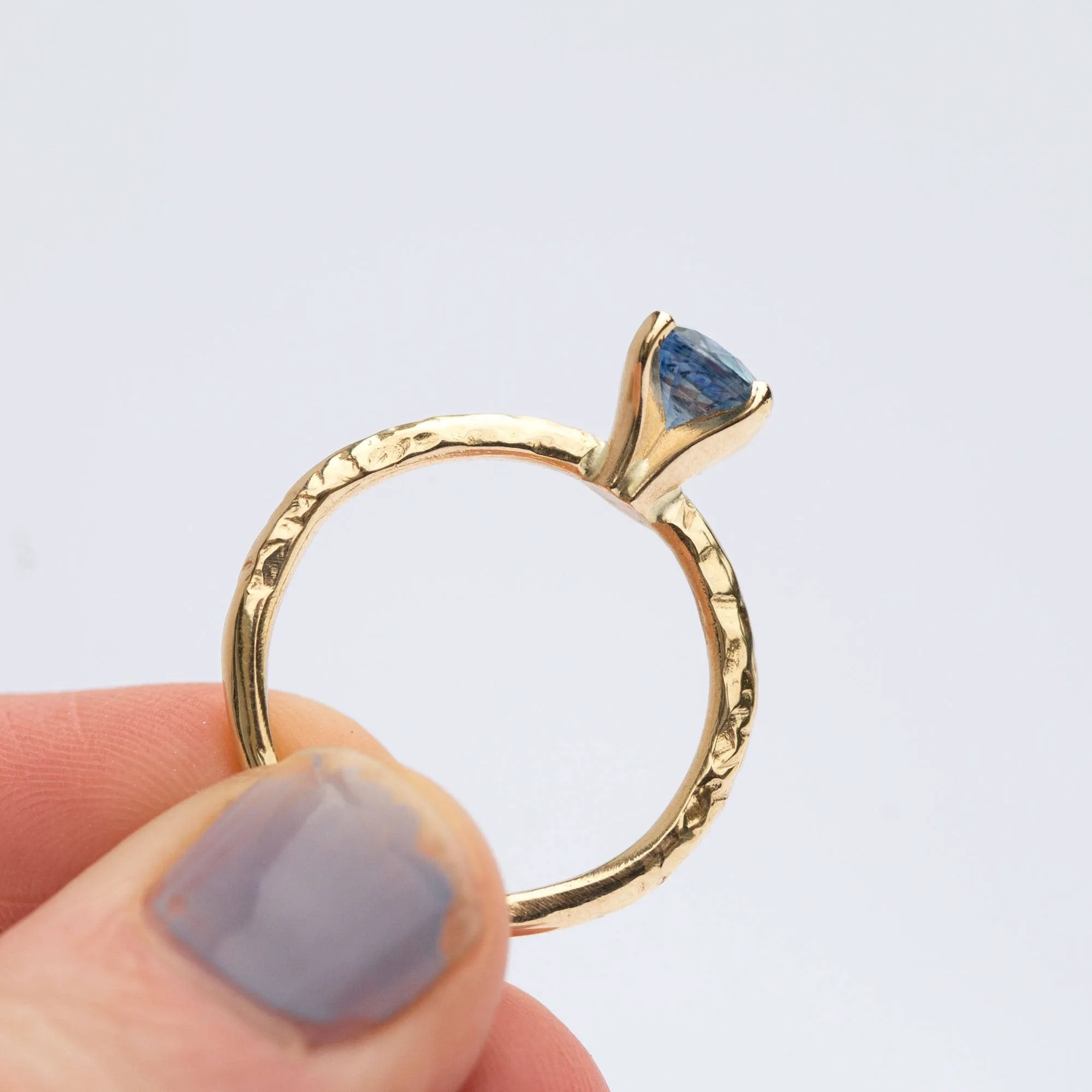 Light Blue Sapphire Engagement Ring - Organic Carved Yellow Gold Prong Setting - Teal Mermaid Sapphire -  Unique Engagement Ring by Anueva