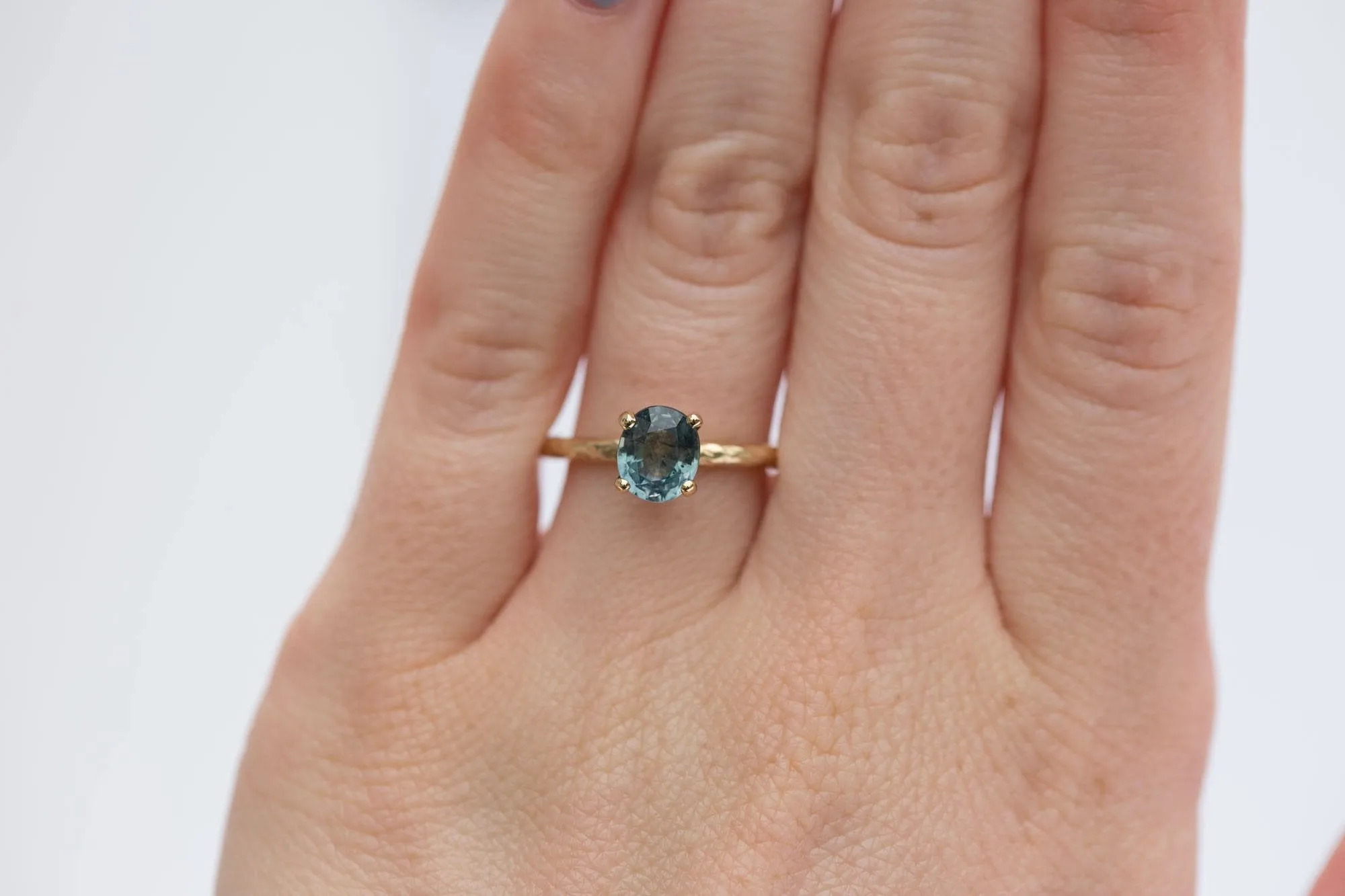 Light Blue Sapphire Engagement Ring - Organic Carved Yellow Gold Prong Setting - Teal Mermaid Sapphire -  Unique Engagement Ring by Anueva