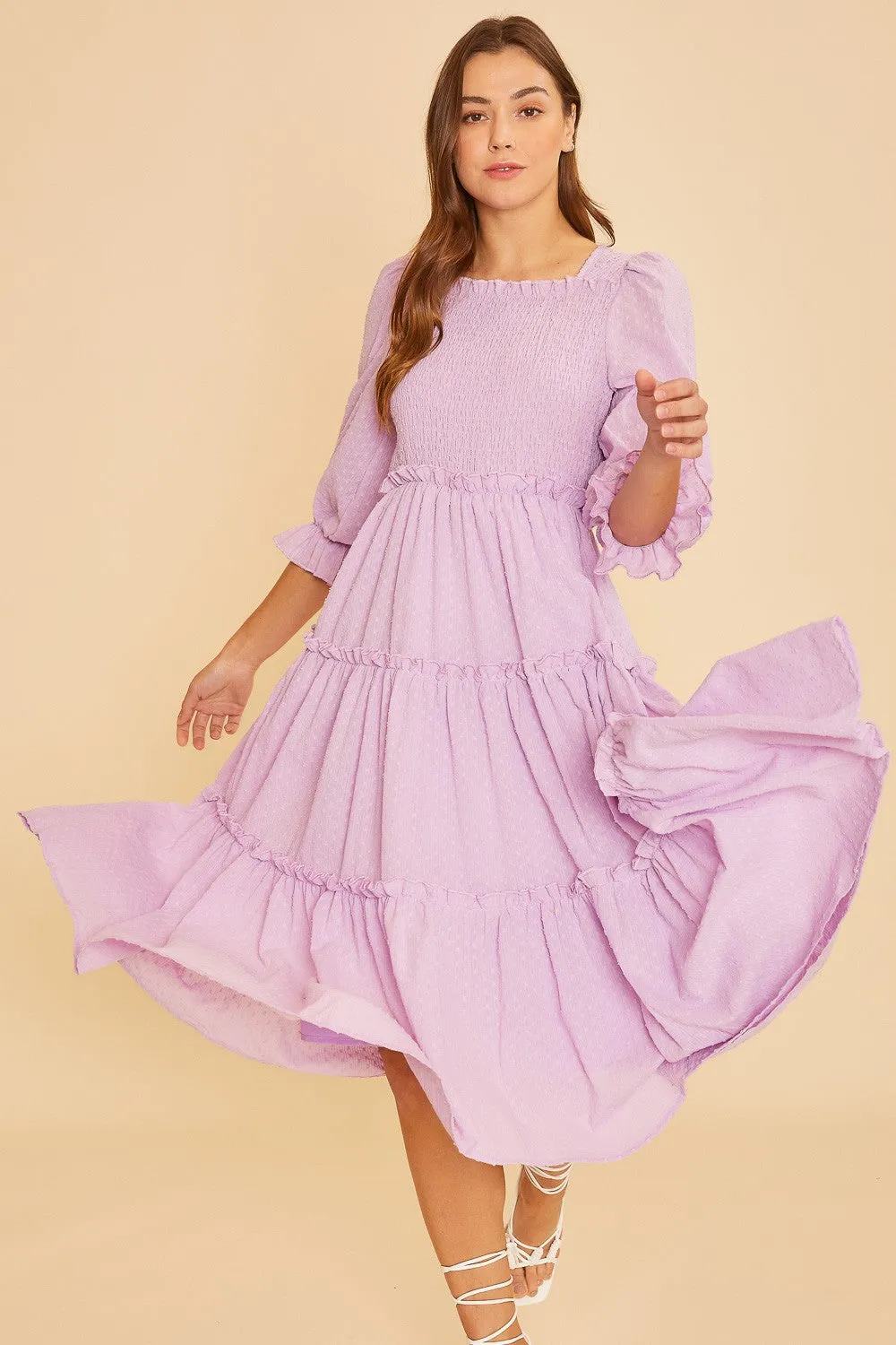 Lilac Textured Smocking Bodice Tired Midi Dress