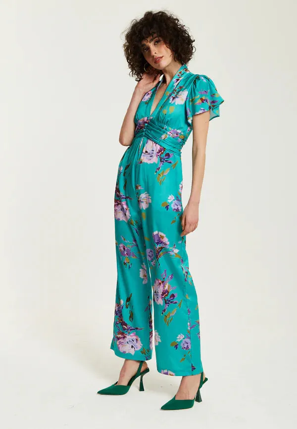 Liquorish Green Floral Jumpsuit With Short Sleeves